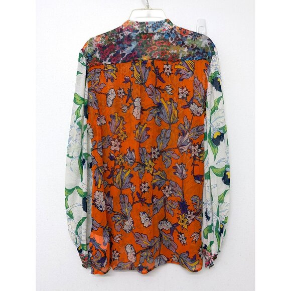 Tory Burch Kia Orange Garden Print Silk Shirt Top Green Floral Tie Neck 8 - Picture 9 of 15